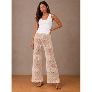 Aerie Womens XL Crochet Wide Leg Pants Cream Knit Beach Cover Up 0701-8501 NEW